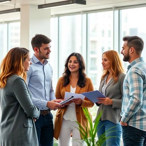 A diverse group of marketing professionals collaborating in a modern office setting.