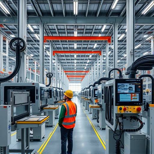 A modern factory floor with automated machinery and workers in safety gear.