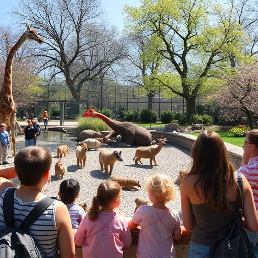 A scenic view of the Lincoln Park Zoo with various animals and visitors enjoying the park.