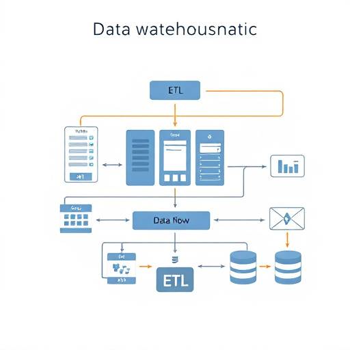 A schematic diagram illustrating the data flow into a data warehouse, showing various data sources and ETL processes.