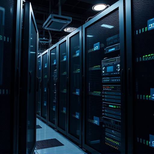 A server rack in a data center, showcasing the high-performance computing equipment used by Precision Analytics Group.