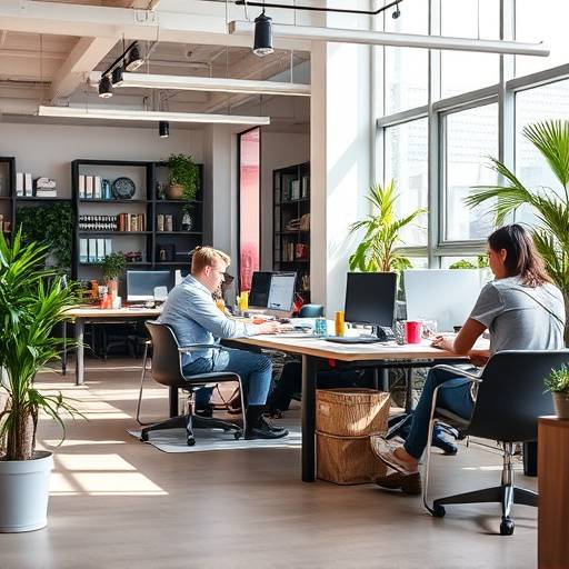 A vibrant tech startup office with employees collaborating in a relaxed and innovative environment.
