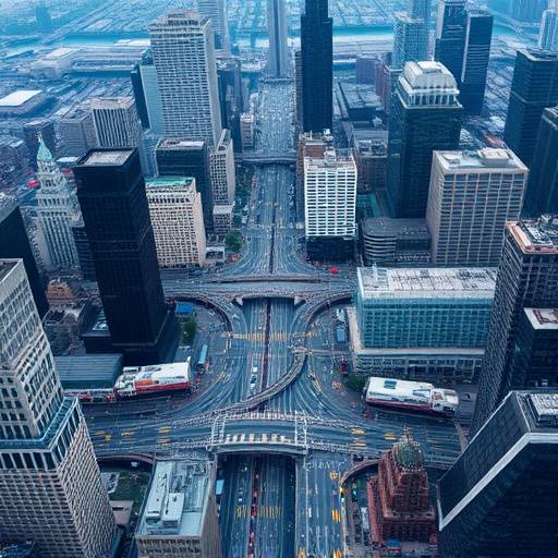 An aerial view of Chicago traffic with overlayed data visualizations showing traffic density and flow patterns.
